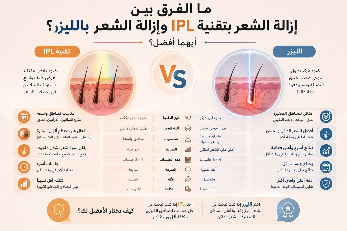ما الفرق بين إزالة الشعر بتقنية IPL وإزالة الشعر بالليزر؟ أيهما أفضل 