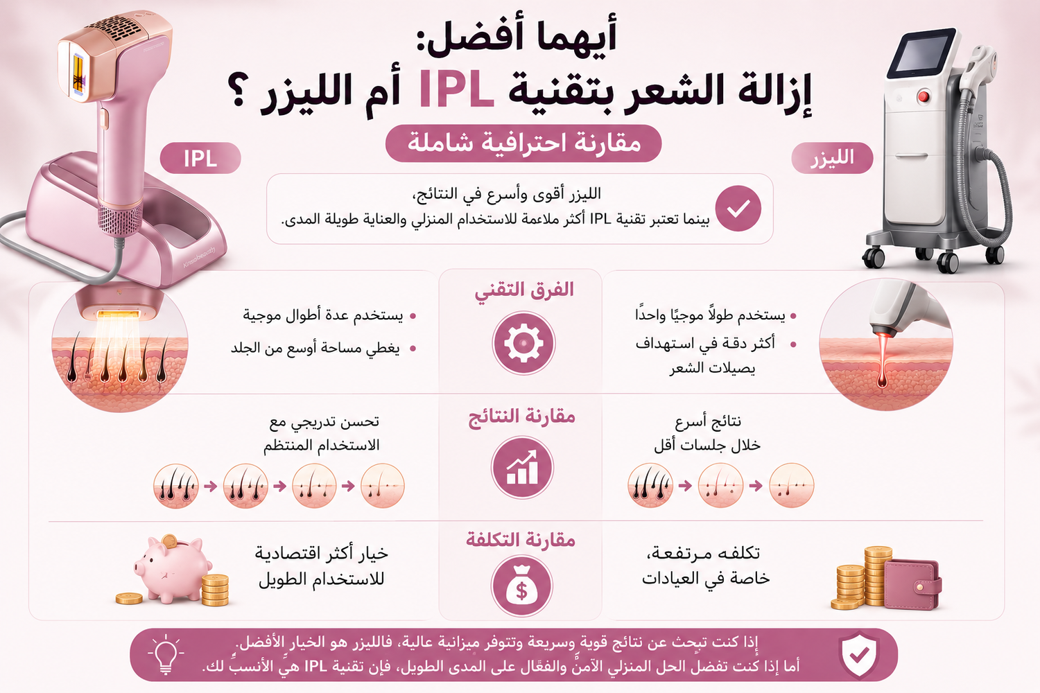 أيهما أفضل: إزالة الشعر بتقنية IPL أم الليزر؟ مقارنة احترافية شاملة