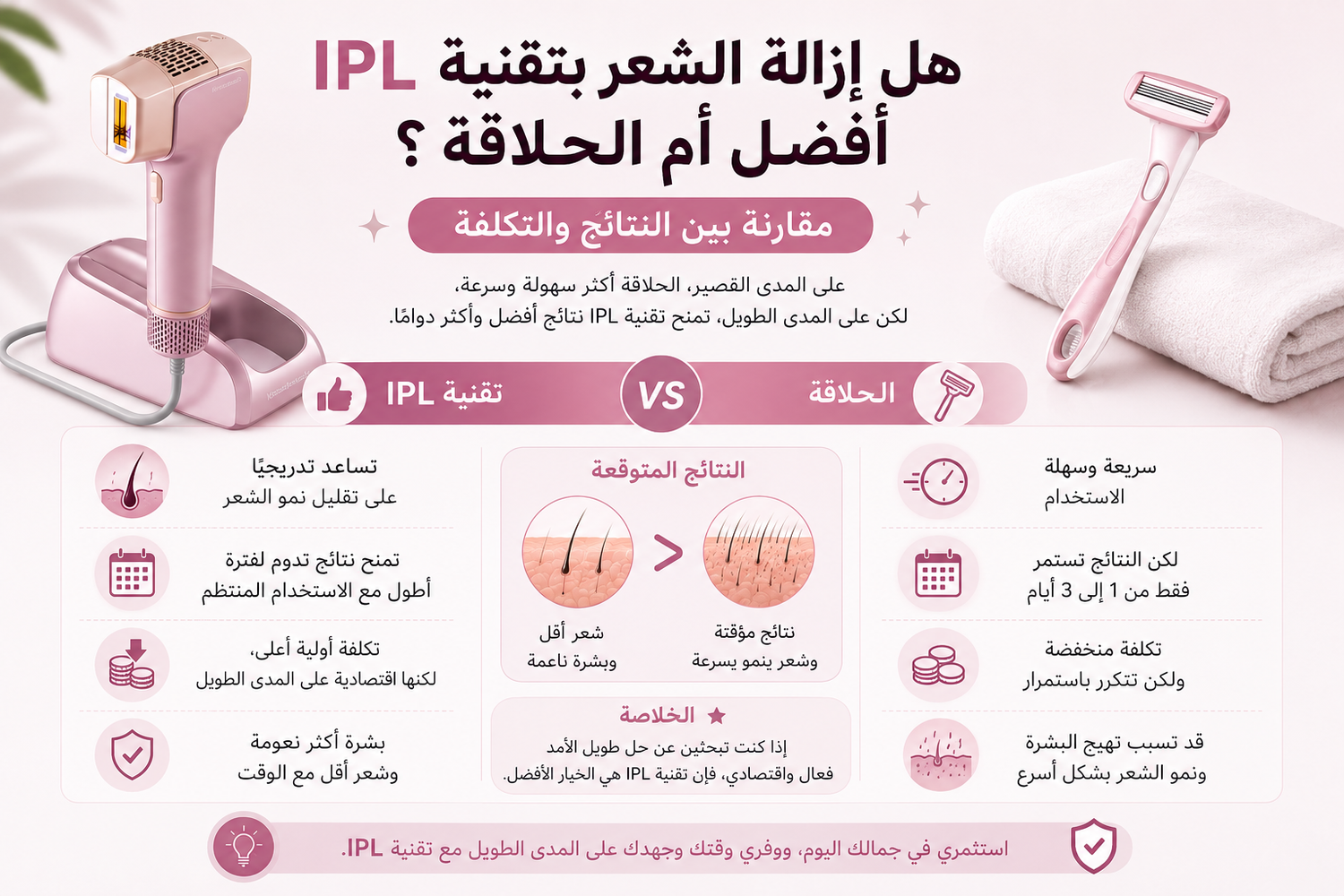 هل إزالة الشعر بتقنية IPL أفضل أم الحلاقة؟ مقارنة بين النتائج والتكلفة